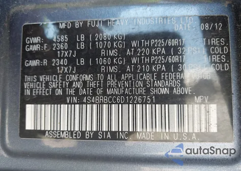 2013 Subaru Outback 2.5I Premium from USA, damaged, VIN 4S4BRBCC6D1226751